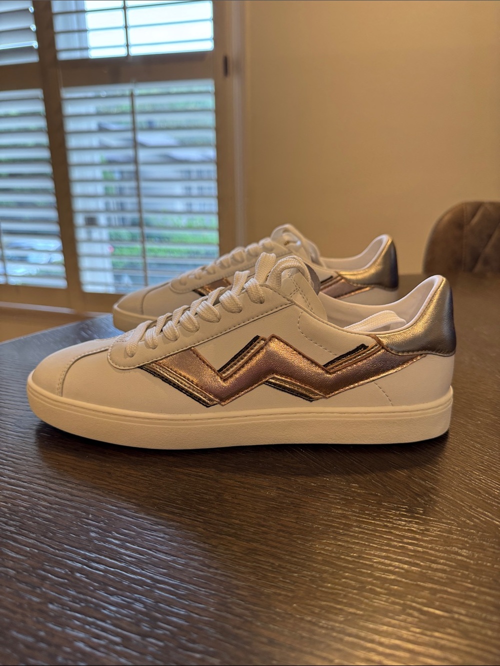 Stuart Weitzman White Sneakers with Metallic Rose Gold and Silver Accents
